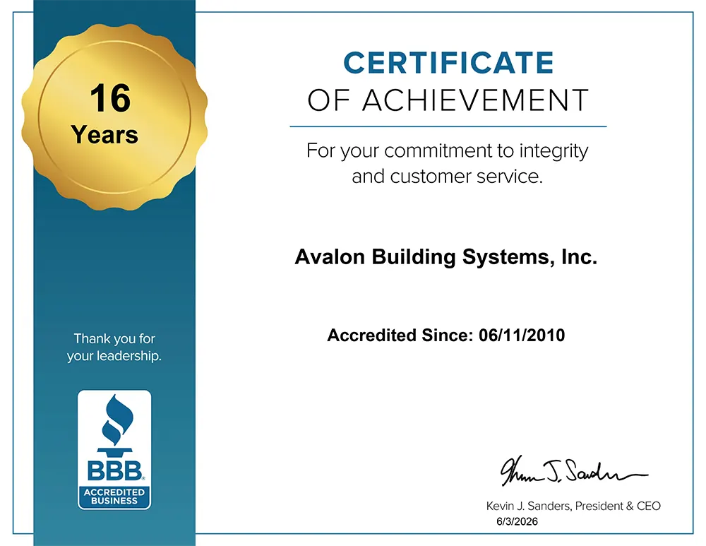 Avalon Building Systems Receives Certificate of Achievement from BBB