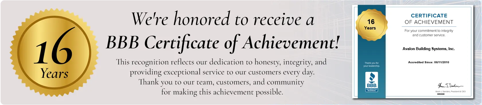 We're honored to receive a BBB Certificate of Achievement!